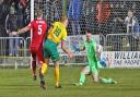 Sion Bradley goes close for Caernarfon Town during their defeat to Bala Town (Photo by Richard Birch)