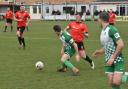 Action from Porthmadog's draw at Prestatyn Town (Photo by John Pickles)