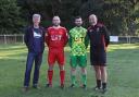 (L-R) Lloft restaurant co-owner Dylan Huws, Mathew Hughes (home kit), Aled Griffith (away kit) and Y Felinheli manager Euron Davies.