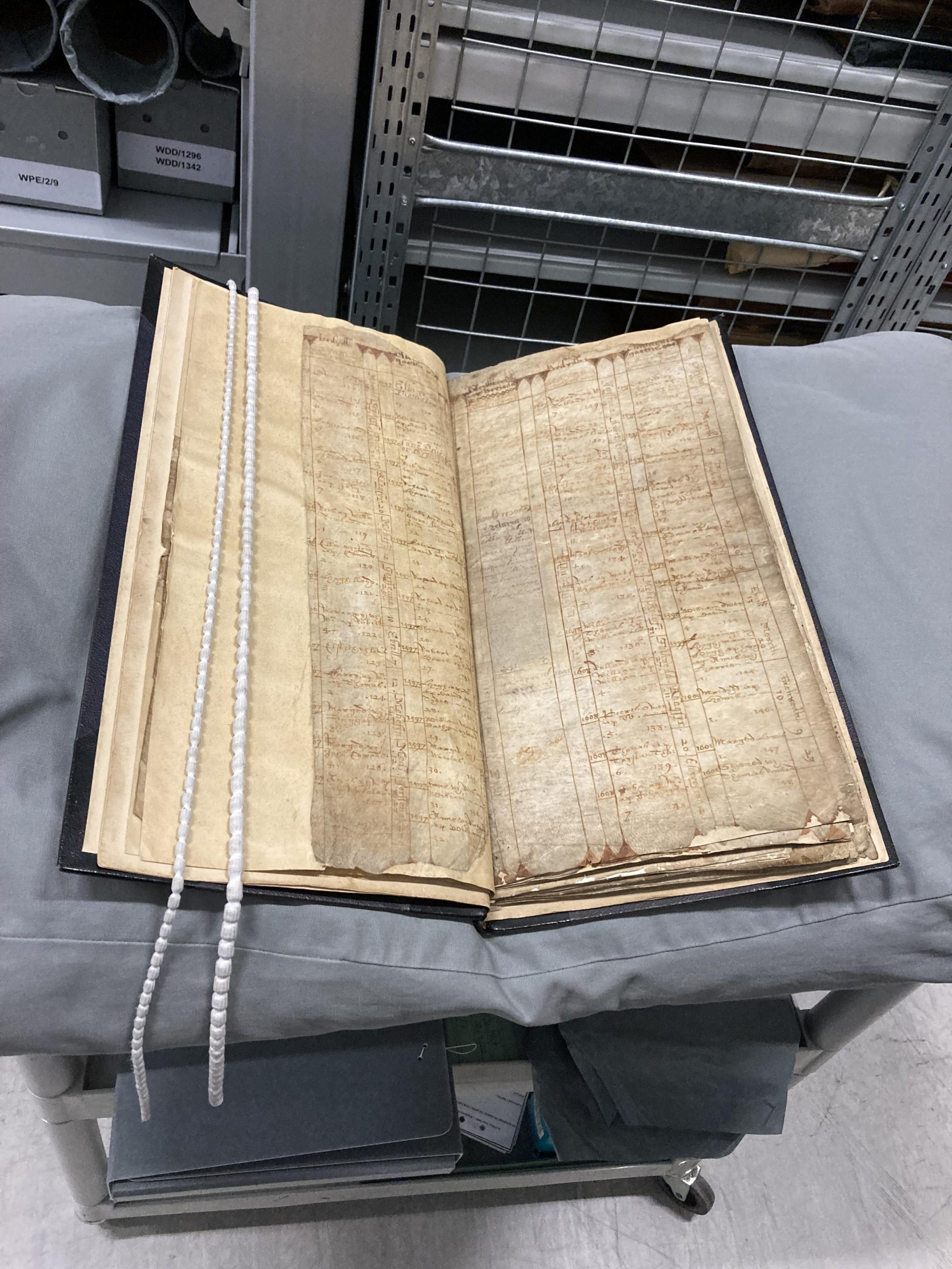 The Penrhoslligwy parish register from 1578 - 1766, which chronicles births, marriages and deaths. The pages are made from animal skin.