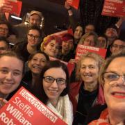 Eddie Izzard joined Steffie Williams Roberts on the campaign trail in Bangor.