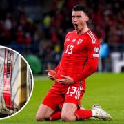 Kieffer Moore celebrates scoring Wales’ winner in their Euro 2024 qualifier against Latvia. Inset: A Transport for Wales train