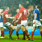 George North celebrates a try for Wales (Photo: WRU Twitter)