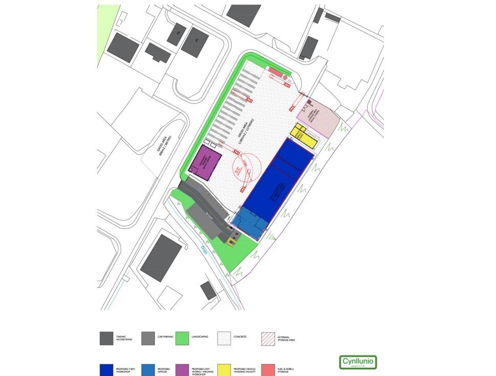 Proposed plan for commercial vehicle repairs and washing facility for the development of a Volvo franchise on former Abattoir site at Cibyn industrial estate Caernarfon (Image Cyngor Gwynedd plans) 