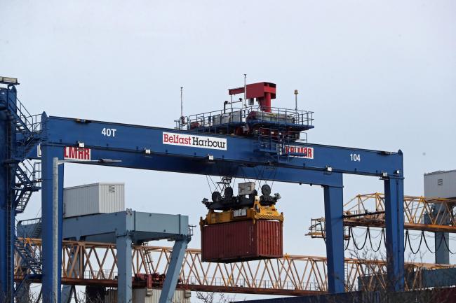 A cargo crate being moved in Belfast Port