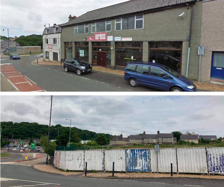 The former Burgess store shortly after closure (above) and now (below). Google Streetview and LDRS images.