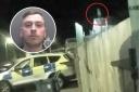 Police bodycam shows Benjamin Evans on the roof (CPS) and, inset, the defendant in custody (North Wales Police)