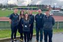 Rachel Taylor (WRU Regional Co-ordinator), Sara Williams (Gr?p Llandrillo Menai learner services project manager), Hannah Hughes (rugby engagement officer), Marc Roberts (WRU regional manager) and Allan James (WRU regional co-ordinator)