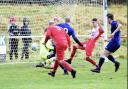 Action from Blaenau Ffestiniog Amateurs' heavy home loss to Denbigh Town (Photo by Steve Whitfield)