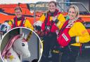 Dwynwen, Ellie and Georgi made history at Moelfre lifeboat station by being on the first ever shout involving an all-female crew. Photo: Will Aron. Inset: An inflatable unicorn. Image: PA Wire