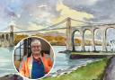 Timmy Mallett's painting of the Menai Suspension Bridge. Inset: The TV star in North Wales.