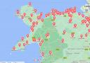 Map showing warm places in Gwynedd and across north Wales (Cyngor Gwynedd website map)