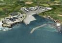 An impression of the proposed Wylfa power station with views from the sea.