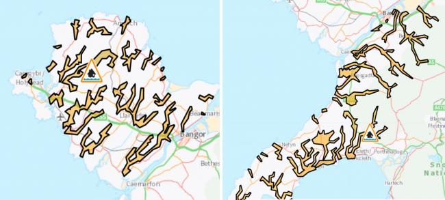 The flood warnings issued to Anglesey (left) and North Gwynedd (right) today. Photos: Natural Resources Wales