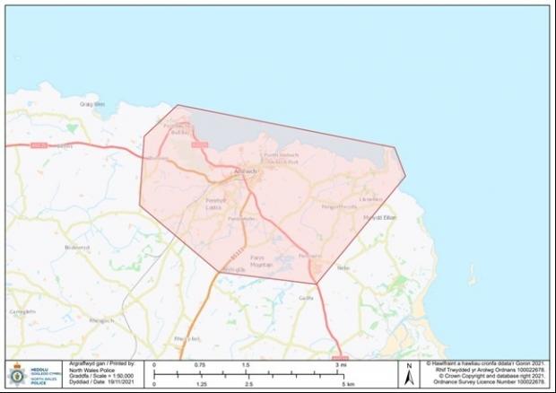 North Wales Chronicle: The area marked in red is where the dispersal order is in place.