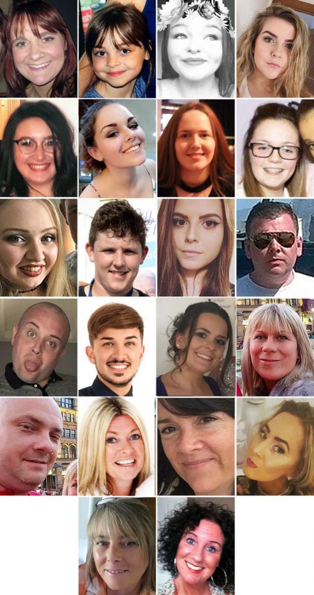 North Wales Chronicle: The 22 victims of the terror attack during the Ariana Grande concert at the Manchester Arena in May 2017. (Top row L to R) Off-duty police officer Elaine McIver, 43, Saffie Roussos, 8, Sorrell Leczkowski, 14, Eilidh MacLeod, 14, (2nd row L to R) Nell Jones, 14, Olivia Campbell-Hardy, 15, Megan Hurley, 15, Georgina Callander, 18, (3rd row L to $), Chloe Rutherford, 17, Liam Curry, 19, Courtney Boyle, 19, and Philip Tron, 32, (4th rowL to R) John Atkinson, 26, Martyn Hett, 29, Kelly Brewster, 32, Angelika Klis, 39, (5th row L to R) Marcin Klis, 42, Michelle Kiss, 45, Alison Howe, 45, and Lisa Lees, 43 (6th row L to R) Wendy Fawell, 50 and Jane Tweddle, 51 (Greater Manchester Police/PA)