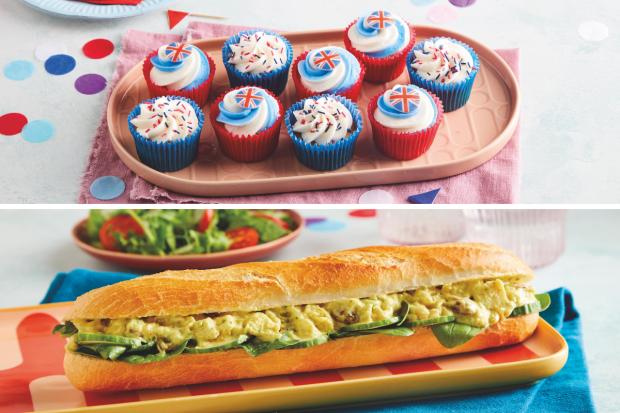 North Wales Chronicle: (Top) Jubilee Cupcake Platter (bottom) Coronation Chicken Baguette (Morrisons/Canva)