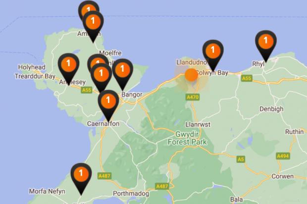North Wales Chronicle: Locations of lungworm cases across North Wales. Photo: Screenshot of a map from Mypet&I
