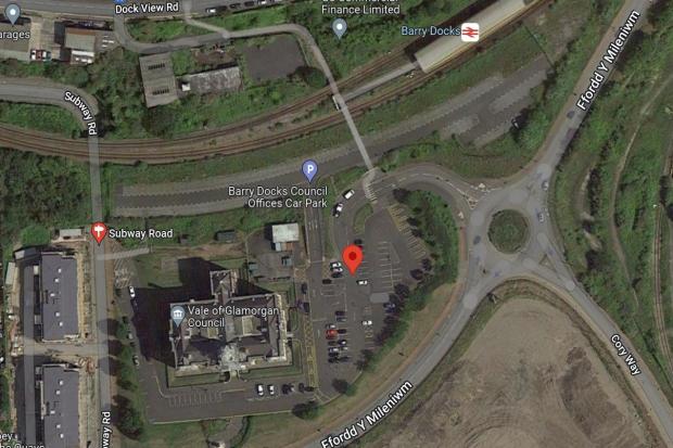 The car park to the east of the Vale of Glamorgan\'s Docks Office where the new transport interchange will go. Pic: Google Maps. Free for LDRS partnership
