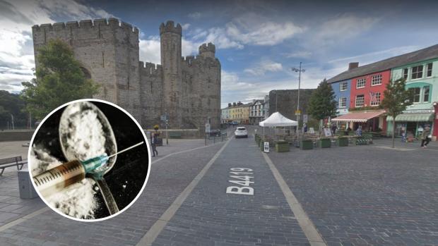 North Wales Chronicle: Castle Square, Caernarfon. Photo: GoogleMaps. Inset: Library picture of heroin