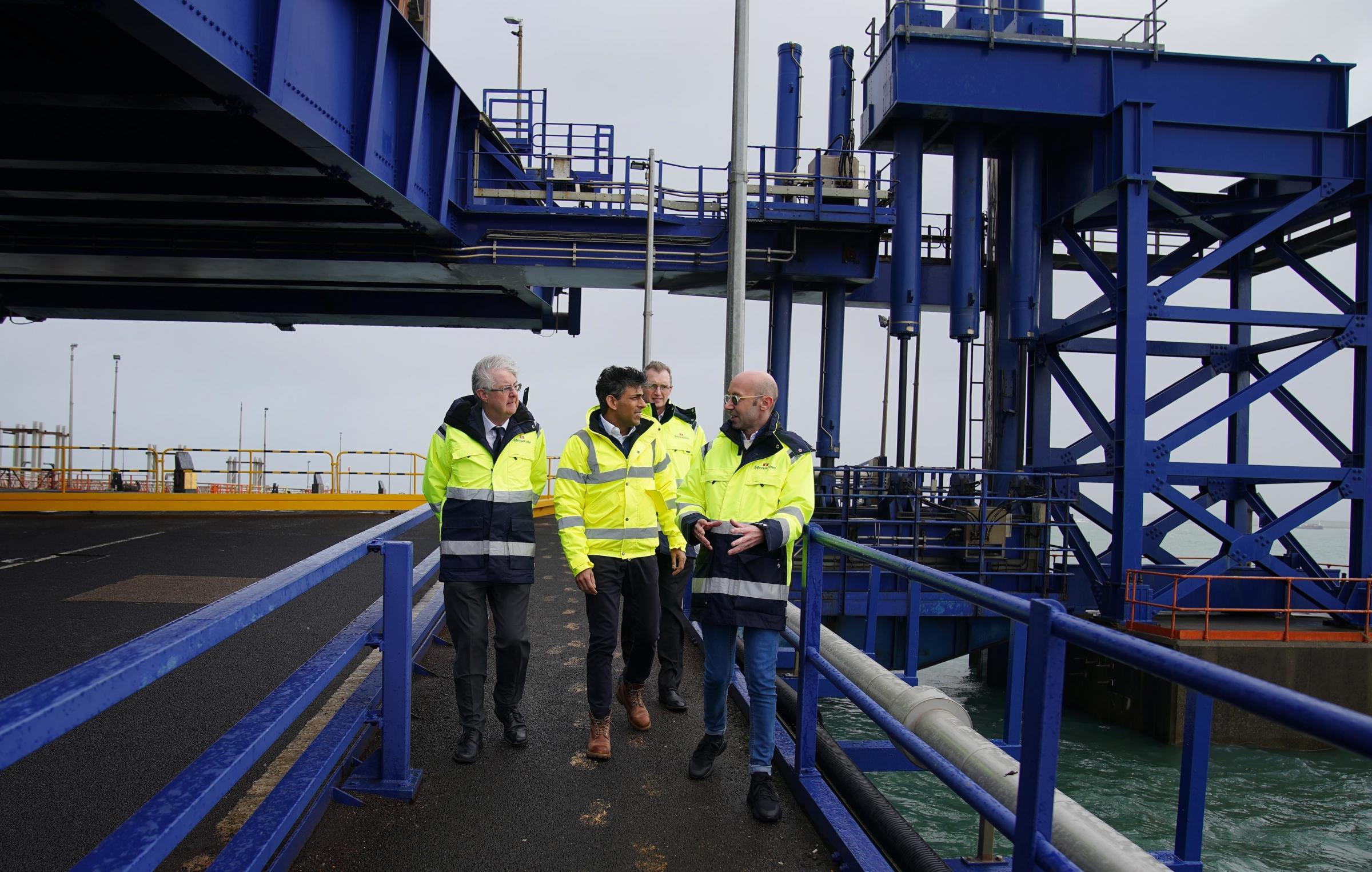 (left to right) Secretary of State for Wales David TC Davies, Stena Line Chief Operating Officer Fleet and Government Affairs Ian Hampton, Prime Minister Rishi Sunak and First Minister of Wales Mark Drakeford. Image: PA