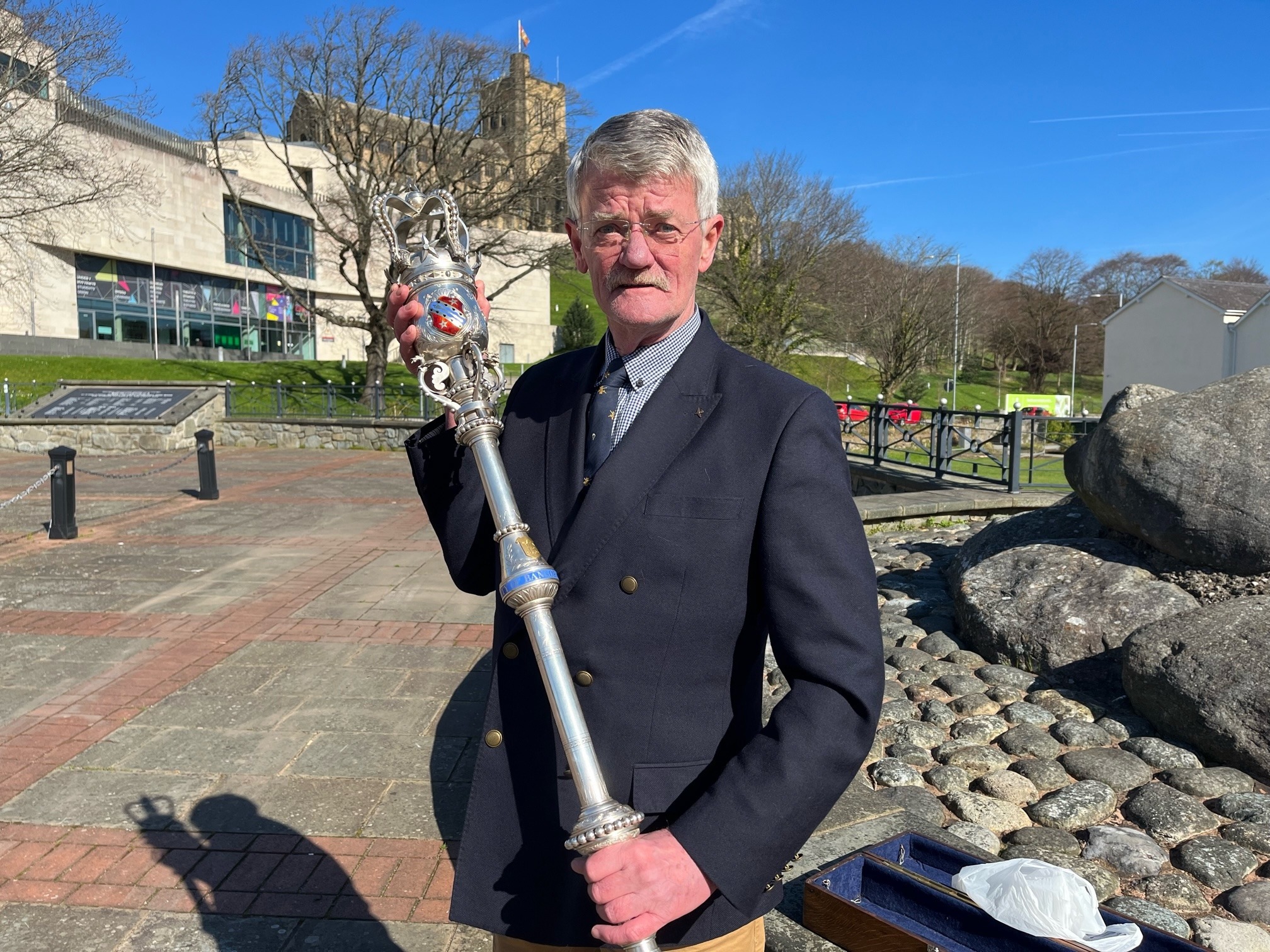 Cllr Mark Roberts is pictured with Bangor\s civic mace which is to get a makeover by Wartski jewellers to the royals. (Image Mark Roberts)