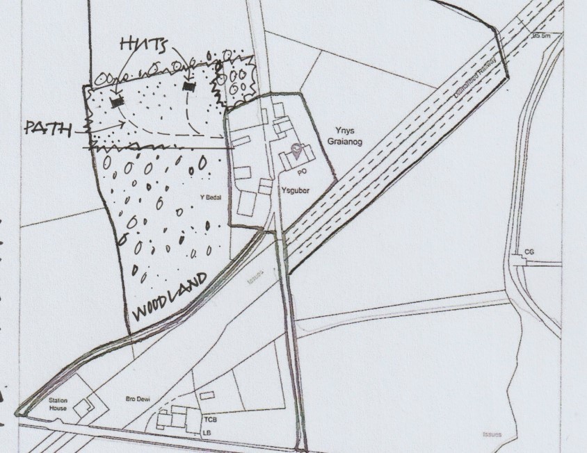 Drawing from the plans showing the location of the proposed meditation and retreat huts (Image Courtesy Of Gwynedd Council Planning Documents)