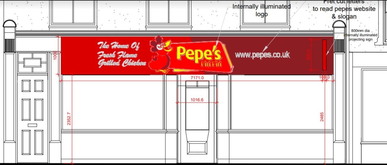 The Pepe\s Piri Piri signage planned at the front of the development (Cyngor Gwynedd Planning Documents)