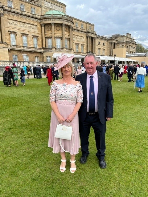 Cllr Glyn Haynes and his partner Helen Hibbert pictured at the Garden Party at Buckingham Palace, a few days after the King\s coronation.