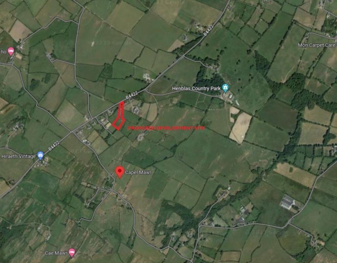 Location of glamping pods Capel Mawr, Bodorgan (Anglesey County Council Planning Docs) 