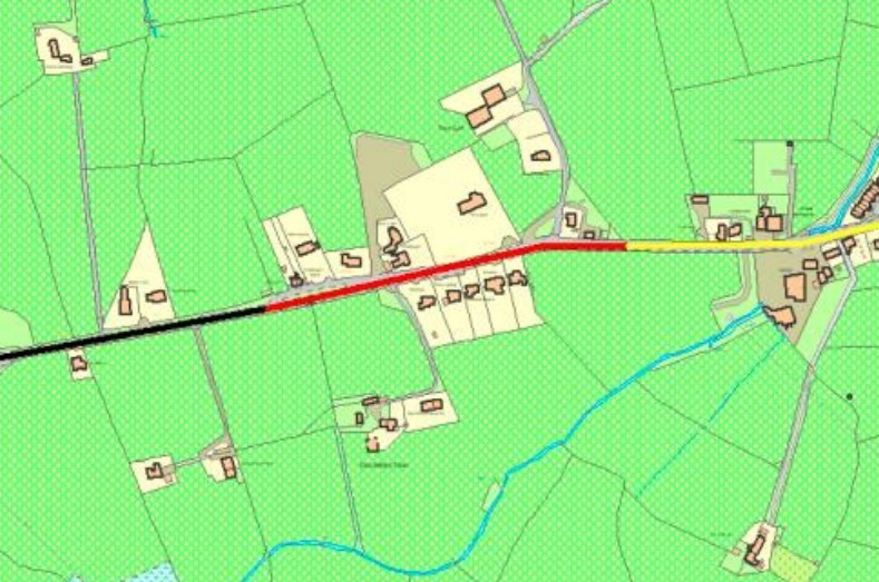 Cemaes - the red area describes the exempted area with a speed limit of 30 mph, the yellow area shows the 20 mph area passing through the high street (Anglesey Council Documents)