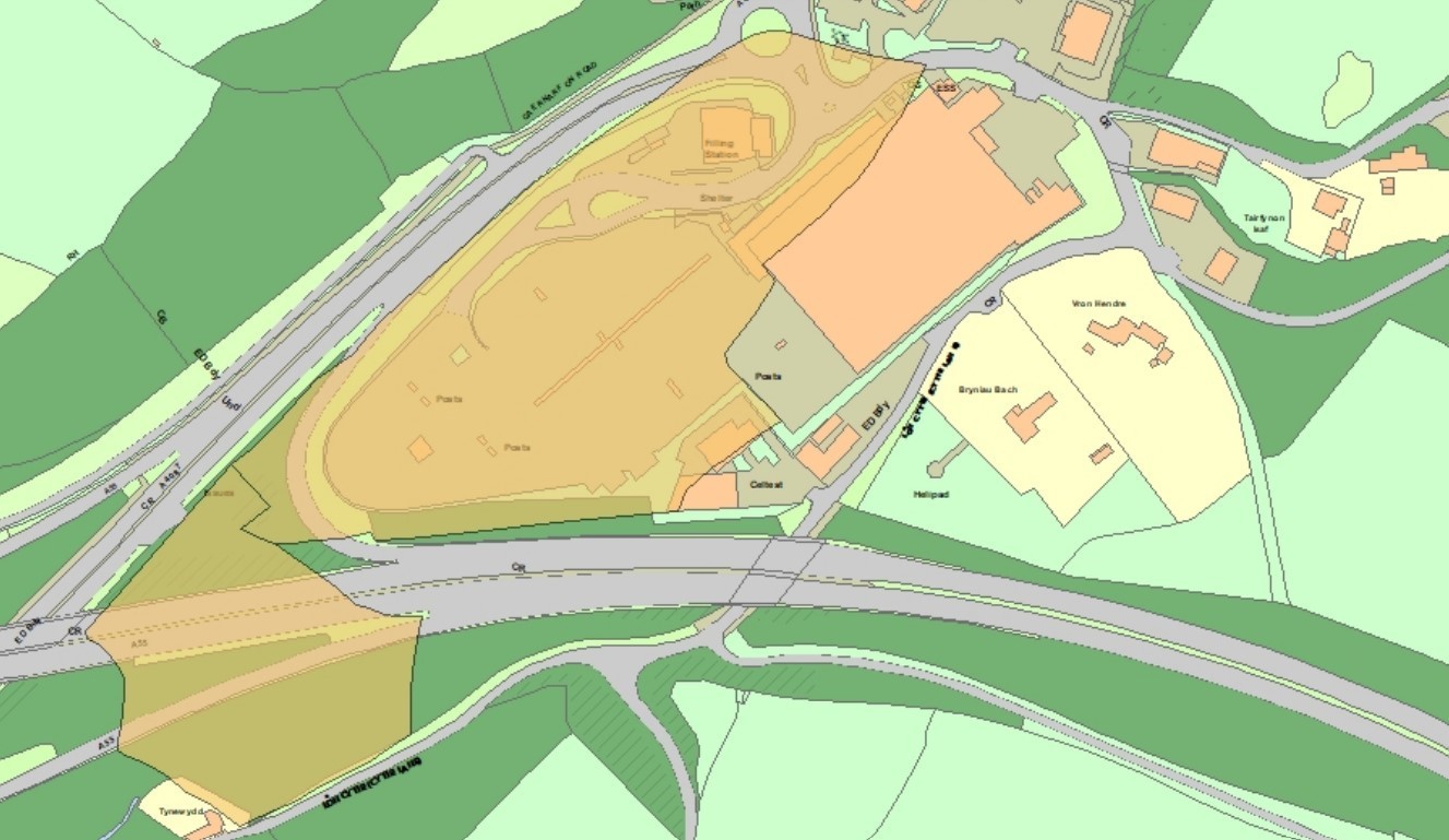 Map showing site of former landfill in yellow (Cyngor Gwynedd Planning documents)