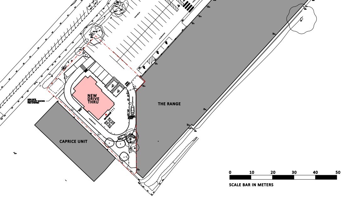 The location of the planned Greggs drive-thru In Bangor, between The Range and Caprice furniture store (Cyngor Gwynedd planning documents) 