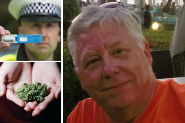 Nick Colbourne (right), a police officer with a drug test and cannabis
