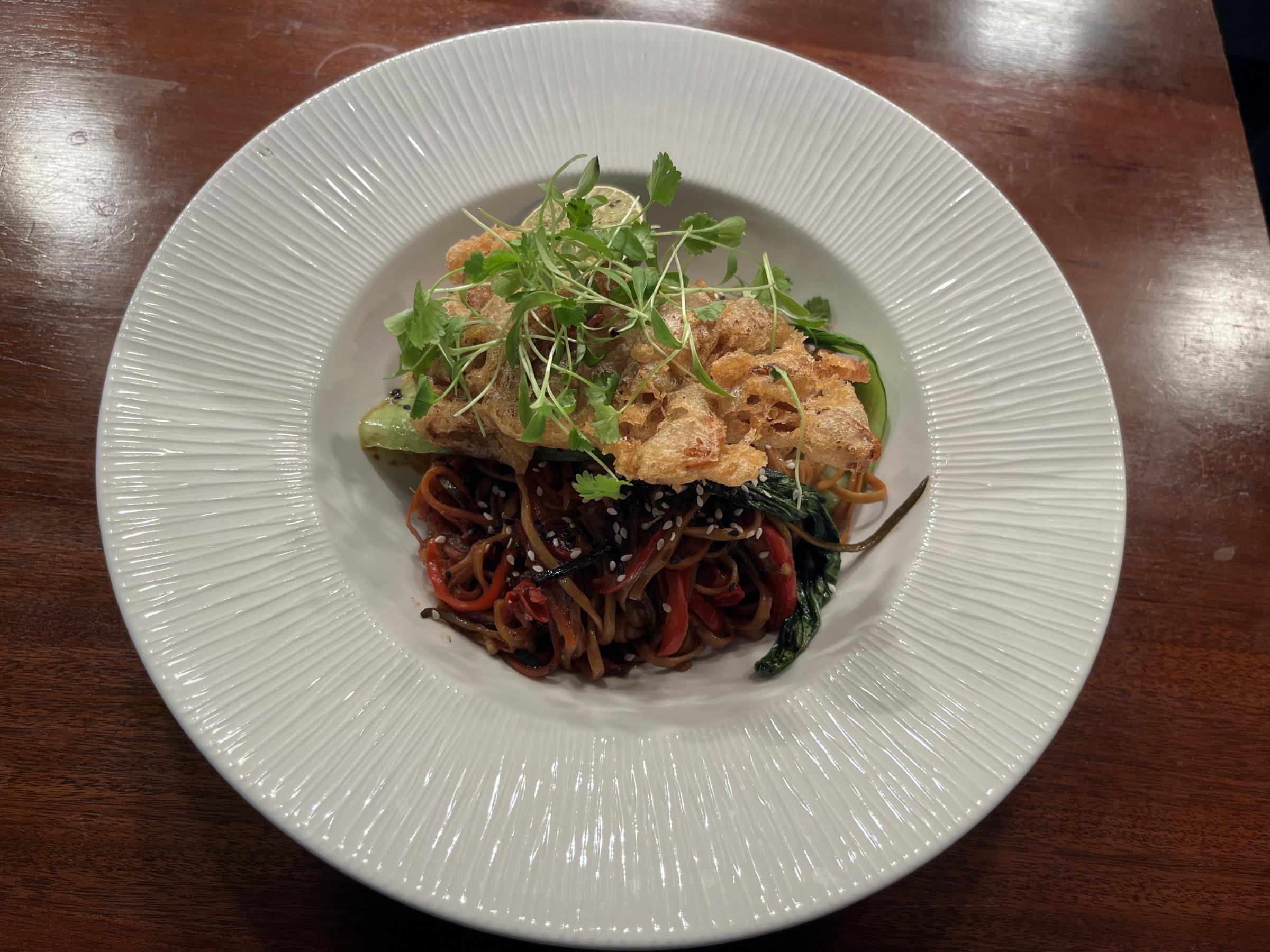 Tempura soft shell crab, soy-lime-sesame vegetable noodles at The Cross Keys.