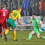 Sion Bradley goes close for Caernarfon Town during their defeat to Bala Town (Photo by Richard Birch)