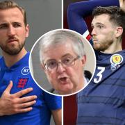 England and Scotland captains Harry Kane and Andy Robertson. Inset: First Minister Mark Drakeford