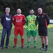 (L-R) Lloft restaurant co-owner Dylan Huws, Mathew Hughes (home kit), Aled Griffith (away kit) and Y Felinheli manager Euron Davies.