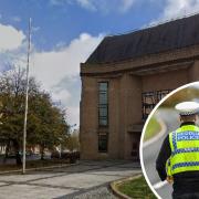 Cardiff Magistrates Court. Inset: Police in Wales during lockdown