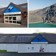 How Electric Mountain in Llanberis looked when it was operationa, a view of the mountain and how the Visitor Centre looks currently, boarded up. Sources: Google Streetview, Hefin Owen CC BY-SA 2.0, Jim Barton CC BY-SA 2.0