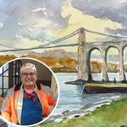 Timmy Mallett's painting of the Menai Suspension Bridge. Inset: The TV star in North Wales.