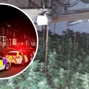 Police outside a house and the cannabis farm discovered which covered three floors.