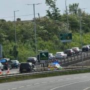 The crash happened on the A55 Eastbound, near to Britannia Bridge, on Tuesday, May 23. Image shows traffic building.