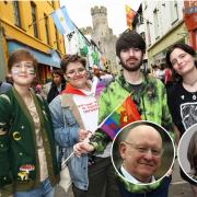 Caernarfon's first Pride event. Inset: Hywel Williams and Liz Saville Roberts