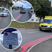 Inset - cars parked on double red lines (on Monday, July 17) and one of the new signs on display. Main picture - ambulance travels through the red lined route