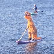 The paddleboarding dinosaur on Bala Lake