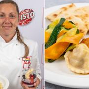 L: Joanne with her final dishes. R: Her Moroccan Apricot and Chickpea Ravioli