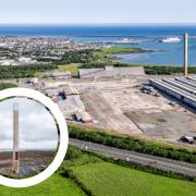 Chimney at the old Anglesey Aluminium site and main image of the site, now renamed Prosperity Parc