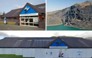 How Electric Mountain in Llanberis looked when it was operationa, a view of the mountain and how the Visitor Centre looks currently, boarded up. Sources: Google Streetview, Hefin Owen CC BY-SA 2.0, Jim Barton CC BY-SA 2.0