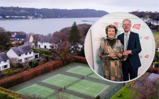 Inset, Sue and Nigel Beasley (dedicated committee members) receiving their award and main picture - site of Bangor Tennis Club